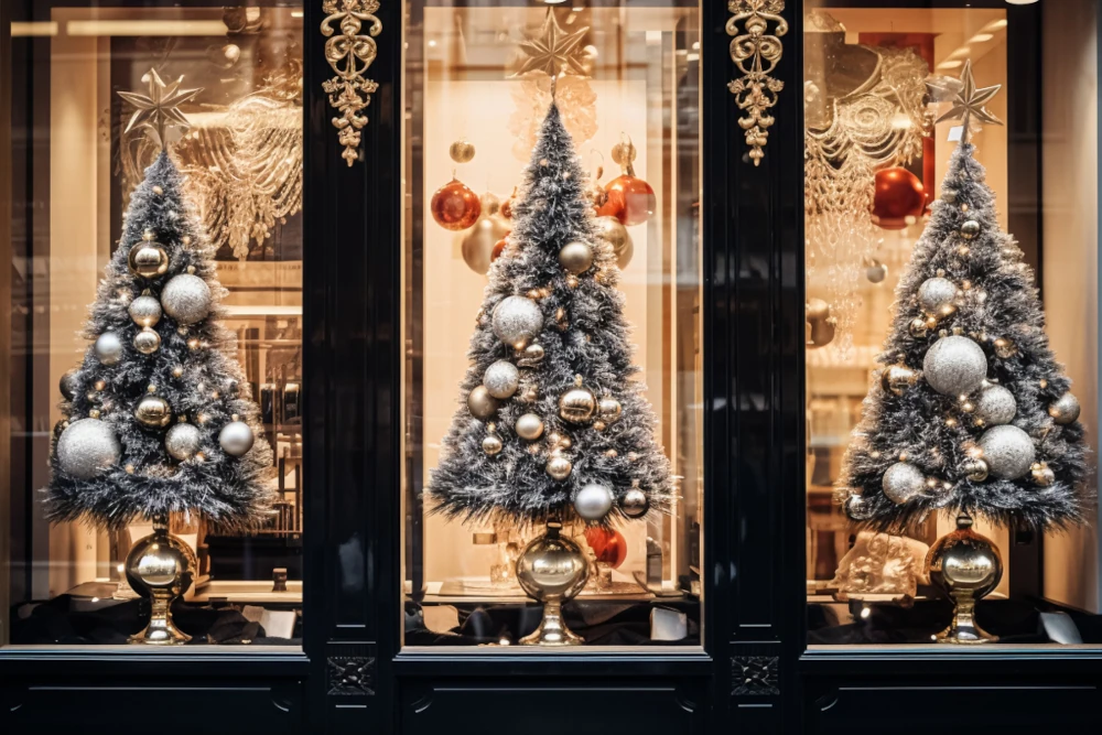 Christmas trees in shop window